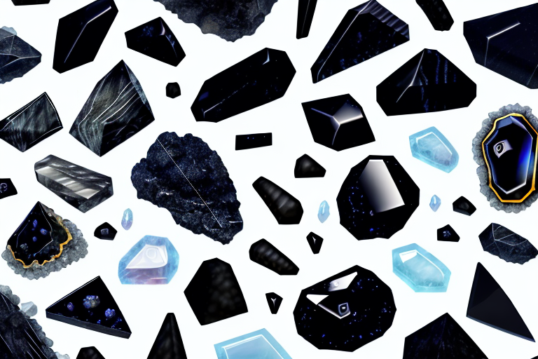 A variety of black stones and crystals