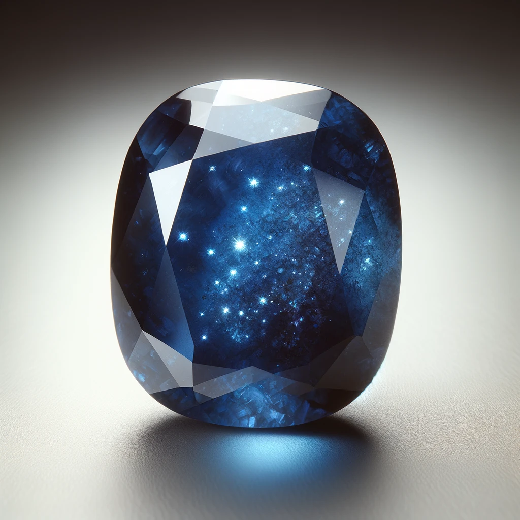 A detailed image of a blue sandstone gem, showcasing its deep, rich blue color with sparkling inclusions that resemble stars in a night sky.