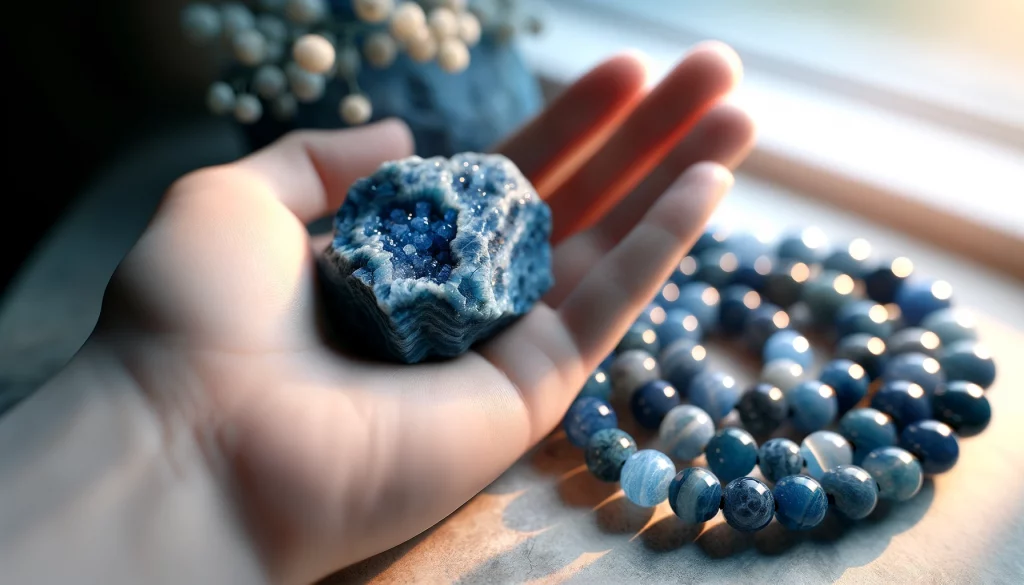 A detailed image of a blue sandstone rock held in a hand, showcasing its unique texture and color variations under natural light2