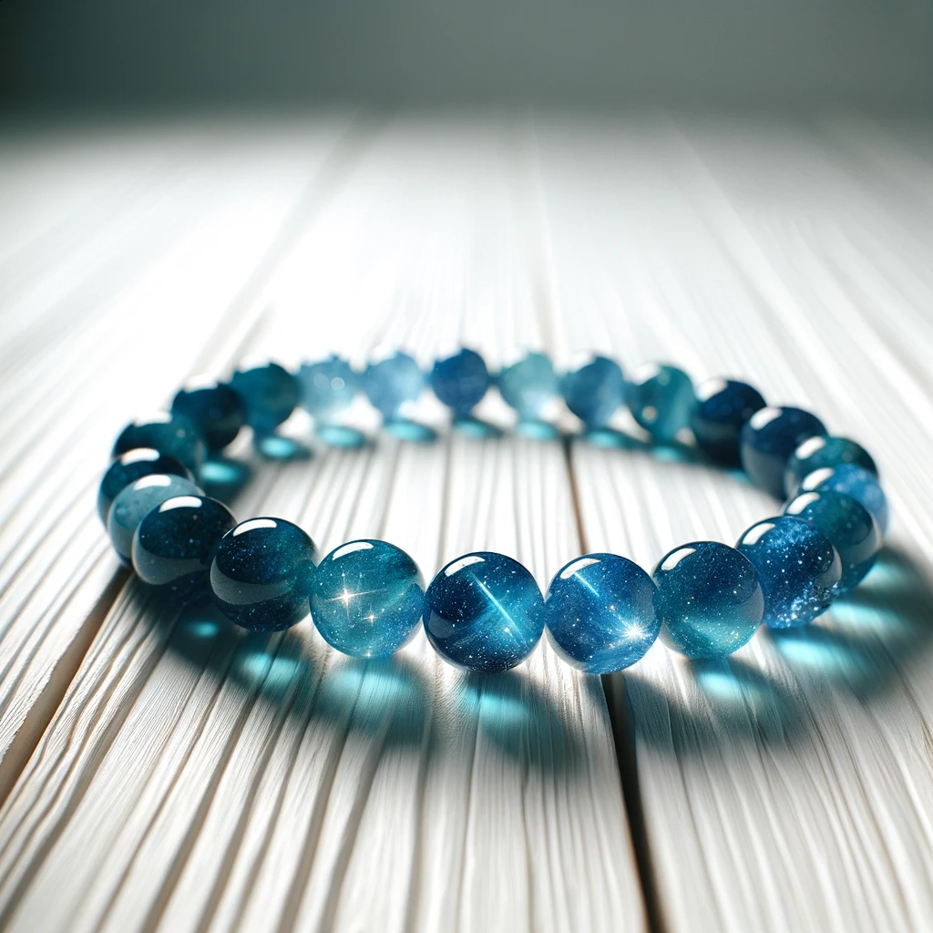 A sparkling blue sandstone bead bracelet resting on a white poplar wood table against a white background. The focus is on the bracelet's luminous blue