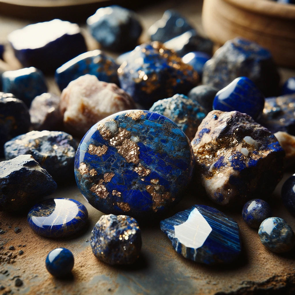 A variety of raw lapis lazuli stones, both large and small, scattered across a natural, earthy background. The stones showcase their characteristic