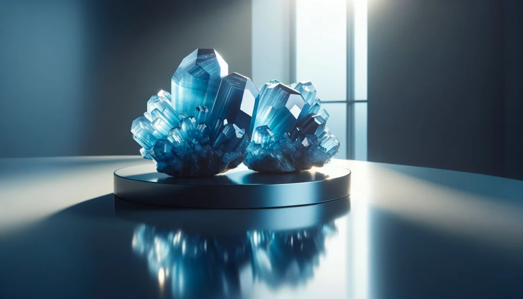 Two blue sandstone crystal rocks, each distinctly positioned on a sleek, modern glass table to accentuate their luminous qualities.