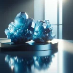 Two blue sandstone crystal rocks, each distinctly positioned on a sleek, modern glass table to accentuate their luminous qualities.