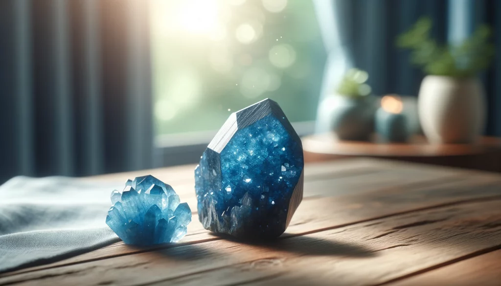 Two blue sandstone crystal rocks, one placed on a simple wooden table and another beside it