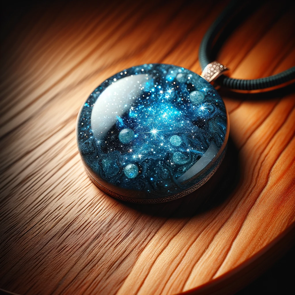 A sparkling blue sandstone pendant against a black background, resting on a peach wood table. The focus is on the intricate patterns of the blue sands
